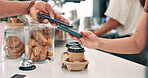 Hands, pos machine and cellphone payment for coffee or online transaction for easy checkout, customer service or takeaway. People, cafe and technology or small business drink, connectivity or digital
