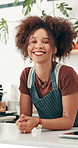 Barista, woman and smile with portrait with coffee shop, business owner and startup at shop. Happy, entrepreneur and African female person in a cafe and restaurant with confidence and waiter
