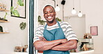Happy, arms crossed and black man at cafe entrance for small business opening or welcome. Portrait, retail and service with startup coffee shop owner or entrepreneur at door of restaurant with smile