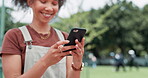 Hands, phone and woman typing outdoor at garden, social media or reading funny meme online. Closeup, smile and person scroll on smartphone at park on internet, tech and communication on mobile app