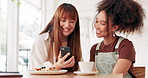 Cafe, friends and women with a smartphone, smile and relax with social media or meme with email notification. Girls, restaurant or customers with food or coffee with cellphone or internet with a joke