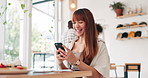 Cafe, phone and funny woman typing on social media, reading meme on internet or remote work. Smartphone, smile and person laughing at restaurant table, comedy or joke on mobile app for communication