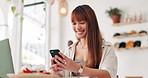 Cafe, phone and happy woman typing for remote work, social media or reading email notification. Smartphone, smile and person in restaurant, freelancer or scroll on mobile app for communication online