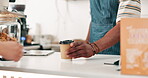 Hands, barista and takeaway coffee at counter for cafe service, small business or order. Person, beverage and espresso drink or apron for customer in restaurant or cappuccino, caffeine or convenience