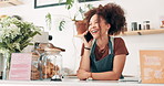 Barista, smile or phone call for restaurant communication, price menu or customer service in cafe. Small business, waiter talking or happy woman on mobile for stock inventory for coffee shop startup