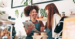 Women, teamwork or tablet for coffee shop barista or online order or website in cafe or startup. Small business owner, talking or waiter with technology for stock inventory or price menu checklist
