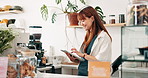 Barista, happy woman or tablet for cafe menu or online order or website in coffee shop. Small business owner, smile or waiter with technology for stock inventory or price checklist in startup store