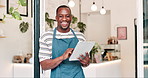 Tablet, small business and man at door of coffee shop with positive, good and confident attitude. Happy, barista and portrait of African male waiter with digital technology at cafeteria or restaurant
