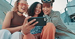 Selfie, laughing or friends with fashion in city on holiday vacation with youth culture, streetwear or smile. Funny, women or stylish urban clothing with social media, swag or diversity together