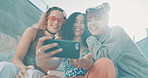 Selfie, group or friends with fashion in city on holiday vacation with youth culture, streetwear or smile. Happy, trendy women or stylish urban clothing with social media, swag or diversity together 