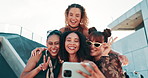 Selfie, peace or friends with fashion in city on holiday vacation with youth culture, streetwear or smile. Happy, trendy women or stylish urban clothing with social media, swag or diversity together 