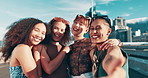 Selfie, peace or friends with smile in city on holiday vacation with youth culture, streetwear or fashion. Happy, trendy women or stylish urban clothing with social media, swag or diversity together 