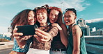 Selfie, cool or friends with smile in city on holiday vacation with youth culture, streetwear or fashion. Happy, trendy women or stylish urban clothing with social media, swag or diversity together 