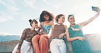 Happy woman, friends and selfie on bridge in city for photography, memory or outdoor picture together. Female person or group smile in fashion for photo, friendship or capture moment in sunshine