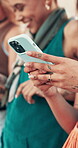 Hands, typing and gen z woman with phone for social media search, blog post and connection with friends. Smartphone, networking and group of women with online chat, internet meme and checking web.