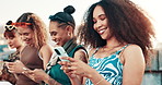 Happy woman, friends and phone in city for social media, communication or outdoor networking. Face of female person or group smile on mobile smartphone for online chatting or texting in an urban town