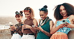Happy woman, friends and phone in city for networking, social media or outdoor communication. Face of female person or group smile on mobile smartphone for online chatting or texting in an urban town