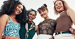 Face, smile and friends outdoor, women bonding and having fun together in city in summer. Portrait, happy people or group of funny girls laugh for fashion, diversity or trendy sunglasses in low angle