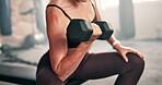 Woman hands, bodybuilder and dumbbell in gym for fitness, workout and exercise with power, resilience and strength. Strong person with training gear, weightlifting and muscle health for wellness