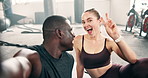 Face, selfie and friends with a smile, fitness and happiness with training and motivation with progress. Portrait, man and woman on the floor and profile picture with peace sign and exercise wellness