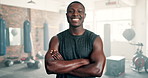 African man, face and arms crossed in gym with smile, pride and training for muscle development. Person, bodybuilder and happy for exercise, workout and fitness with health for body transformation