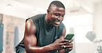 Man, phone and happy for texting in gym, reading or check notification for contact on mobile app. African person, smartphone and fitness with scroll for web blog on internet, social media and chat