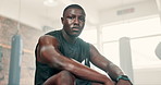 Gym, fitness and face of tired black man breathing after training, workout or intense exercise. Health, portrait and African athlete sweating at a sports center for wellness, resilience or challenge