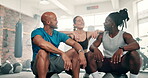 Fitness friends, group of people and gym for workout, training and teamwork with break, talking and laughing together. Coach or sports team in diversity and discussion of exercise, boxing or support