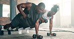 Push up, strong or men with dumbbells in gym training, exercise or workout for fitness development. Black people, healthy athletes or African bodybuilders with weights for cardio or biceps muscle