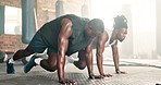 Black man, fitness and mountain climber exercise at gym on floor for workout or training together. African male person, personal trainer or coach for abs, core strength or endurance at health club