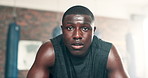 Gym, fitness and face of black man with workout, exercise and ready for challenge, boxing or training. Serious portrait of sports boxer breathing, sweating and tired for endurance or intense practice