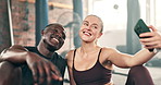 Couple, gym selfie and happy fitness, workout or training break with social media for boxing results and health. Young interracial people, boxer or personal trainer laughing in a profile picture