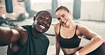 Couple, gym selfie and happy workout, fitness or training break with social media for boxing results and health. Face or portrait of interracial people, boxer or personal trainer in a profile picture