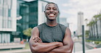 Face, black man and closeup with fitness on outdoor, smile and happy with sportswear to exercise, jog and active. Atlanta, workout and dedication for healthy lifestyle, motivation and wellbeing 