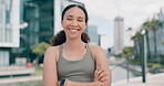 Face, woman and closeup with fitness on outside, smile and motivation with sportswear to exercise, jog and active. Atlanta, workout and dedication for healthy lifestyle, wellbeing  and happy