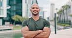 Face, man and fitness in portrait on outdoor, smile and happy with sportswear to exercise, jog and active. City, workout and dedication for healthy lifestyle, motivation and wellbeing with confidence
