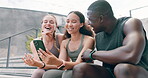 Exercise, phone and friends on steps for break from training or workout together or reading social media. Fitness, sports and performance tracker with athlete group laughing at app or meme on mobile