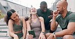Sports, phone and friends on steps for break from training or workout together or reading social media. Exercise, performance and fitness tracker with athlete group laughing at app or meme on mobile