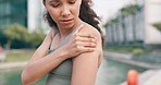 Shoulder pain, stress and fitness woman in a city with workout mistake, risk or anatomy emergency. Arm, injury or female runner outdoor with sports, accident or training, disaster or exercise crisis