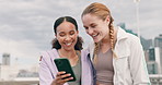 Friends, laugh and happy with phone outdoor for exercise and relax with social media on break in Cape Town. Fitness, meme and people with funny post about workout or watch a video together in city

