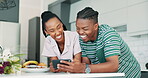 Couple, phone and laughing in conversation, breakfast and internet for funny meme and talking. Black people, happy and scrolling on social media and streaming at home, bonding and love in kitchen