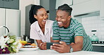 Couple, phone and laughing for communication, breakfast and internet for funny meme and talking. Black people, happy and scrolling on social media and streaming at home, bonding and love in kitchen