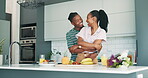 Couple, cooking and embracing for love in relationship, bonding and conversation by healthy meal in kitchen. Black people, hugging and romance or security in home, breakfast and fruit for nutrition