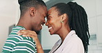 Love, hug and black couple in house with care, trust or security, support or conversation, bonding or vacation. Face, profile or excited African people embrace with commitment, solidarity or romance
