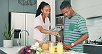 Tablet, couple and recipe help at home in a kitchen with communication at morning at breakfast. Tech, conversation and African people with internet and online website for cooking and food for diet