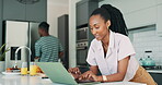Woman, laptop and happy for online recipe, internet and browsing for funny meme in kitchen. Black couple, happy and scrolling on social media and breakfast at home, meal prep and food subscription