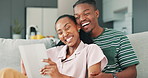 Tablet, couple and social media in a home in a living room with communication in the morning at breakfast. Tech, conversation and African people with internet and online website with meme and laugh