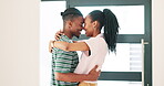 New house, property and happy couple for dance in living room, front door and love in real estate. Black people, forehead touch or celebrate for moving, care or bonding together for home investment