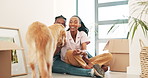 Couple, floor and boxes with dog in new house for care, real estate or fresh start at property. African man, black woman or pet animal with cardboard package for moving, mortgage or rent in apartment