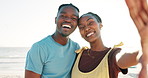 Selfie, love and happy black couple outdoor for summer, travel or bonding on romantic date at sunset. Hands, photography and African people hug for profile picture, memory or adventure in Miami